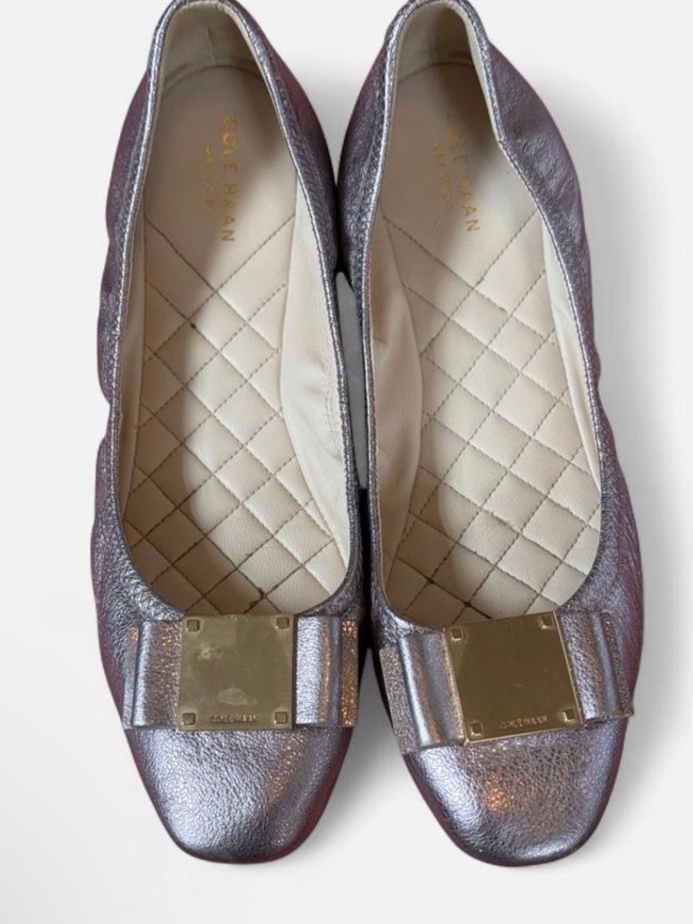 Cole Haan Metallic Lavender-Silver Quilted Ballet Flats with Gold Plaque